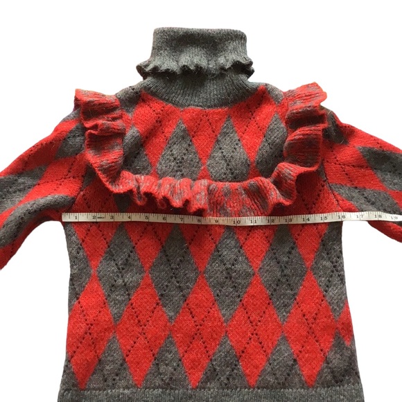 Zara Argyle Turtleneck Ruffle Mohair Blend Red Grey Black Sweater, size S - Picture 13 of 15